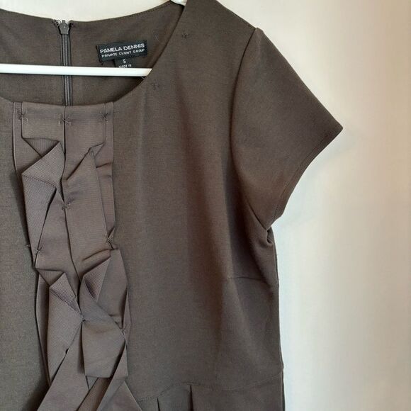 Pamela Dennis Private Client Group Brown Ruffle Art To Wear Short Sleeve Dress S - Picture 5 of 11